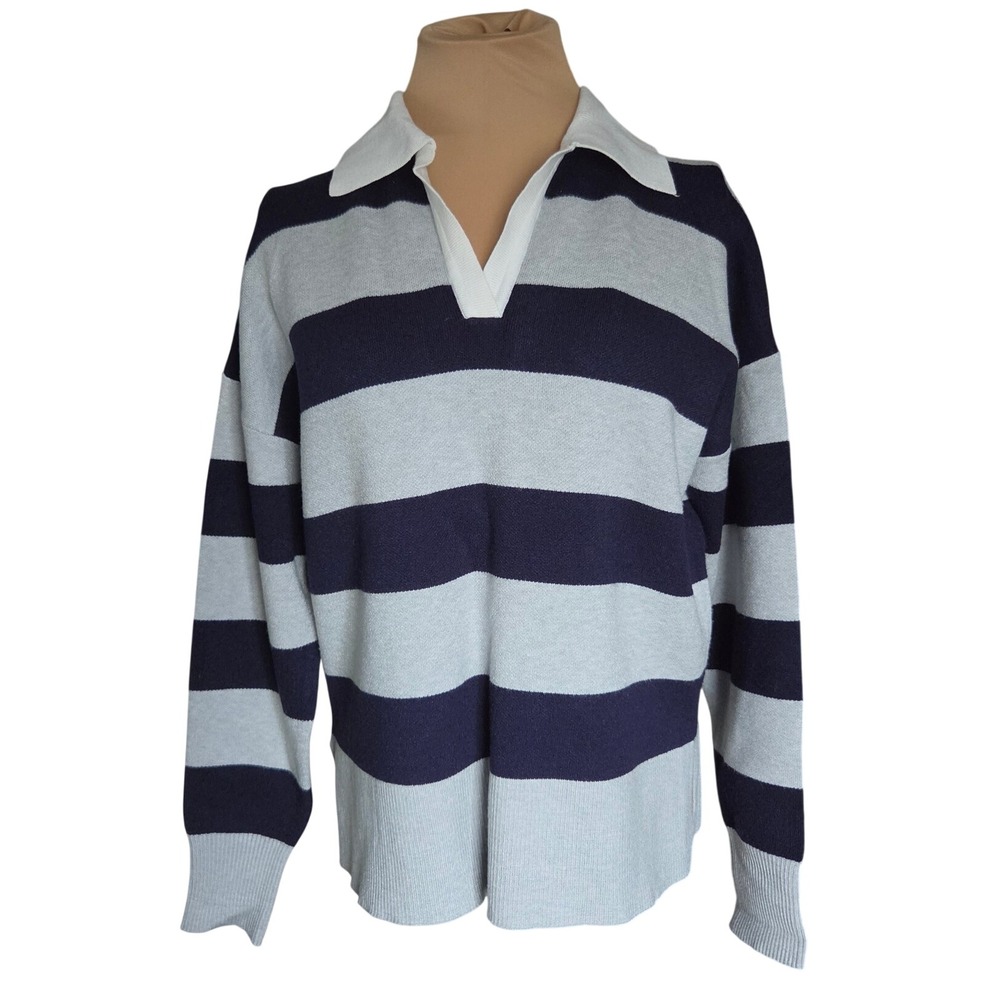 Freshman 1996 Navy Gray Striped Rugby Polo Sweater V-Neck Small Academia